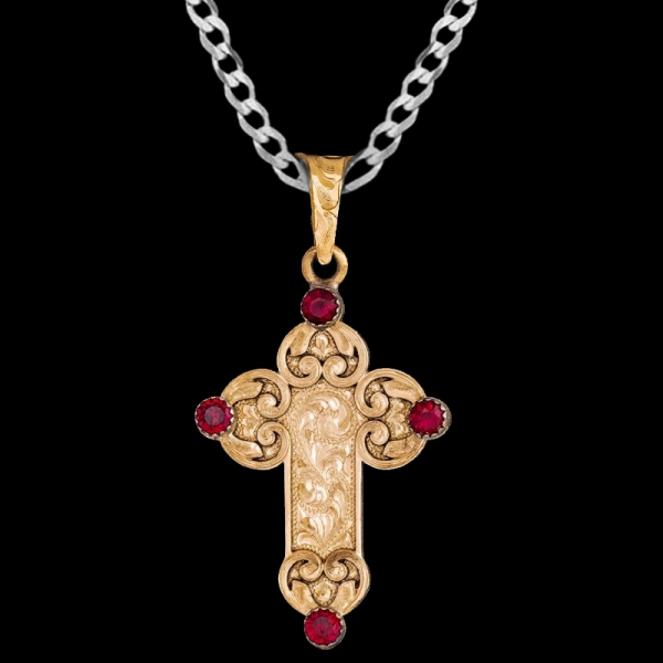 Our Thessalonians Cross Pendant Necklace features a stunning golden bronze base with hand engraved scrollwork and customizable zirconia stones. Pair it with a special discount sterling silver chain today!